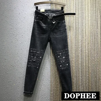 

European style jeans women 2020 Spring New High Waist Stretch Slim-Fit Knee Hot Drilling Denim Pencil Pants spodnie damskie