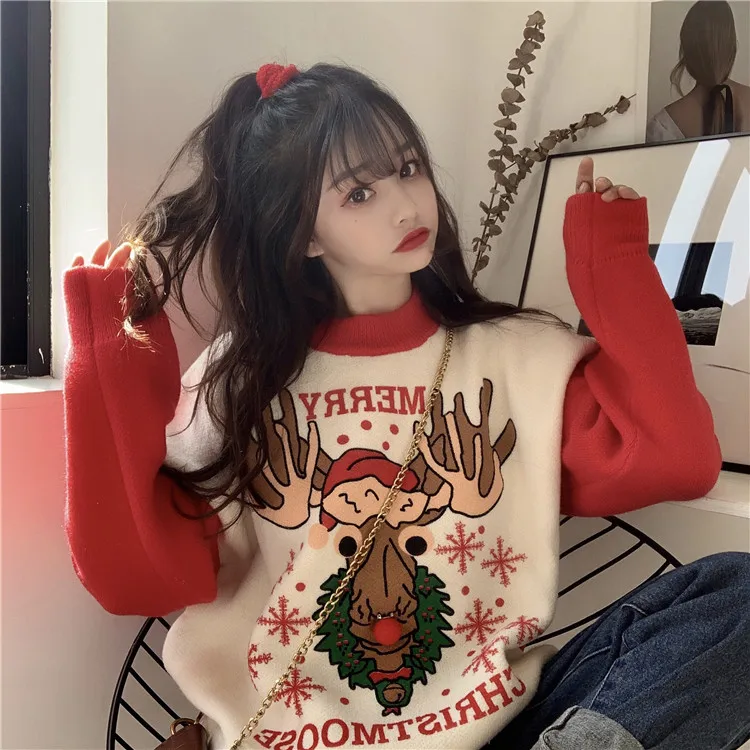 Зимний корейский пуловер вязаный свитер женский ins Harajuku винтажный Забавный мультяшный свободный BF с длинными рукавами Повседневный женский свитер