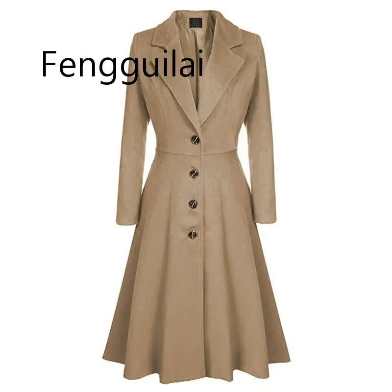 Зимнее шерстяное Теплое повседневное офисное женское длинное пальто размера плюс, приталенное Плиссированное пальто с отворотом и пуговицами, Осеннее Ретро женское пальто