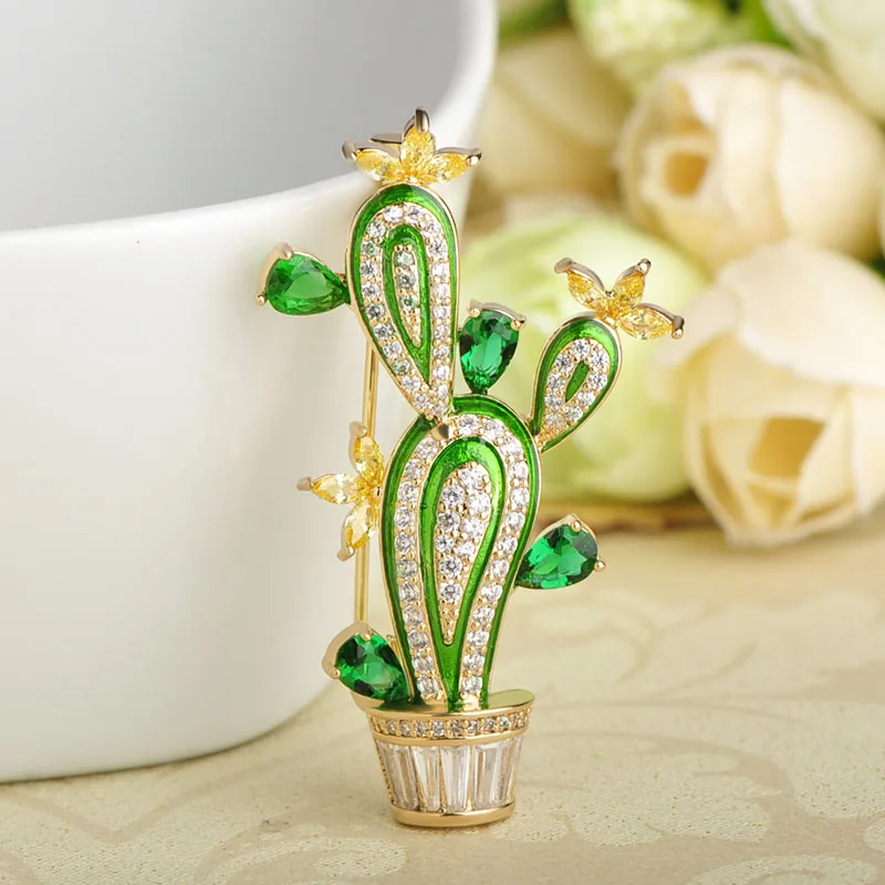 Funmor Cactus Shape Plant Flower Brooches For Women Men Cubic Zircon Wedding Party Jewelry Hijab Pins Clothes Suit Accessories