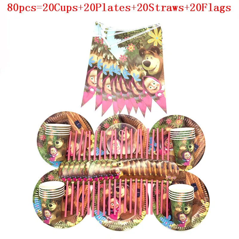 BeiPanXiQi 80pcs Вечерние принадлежности 80 шт./лот мультфильм Маша и Медведь тема посуда мальчик девочка день рождения тарелки чашки флаги соломинки украшения поставки - Цвет: BeiPanXiQi 80pcs