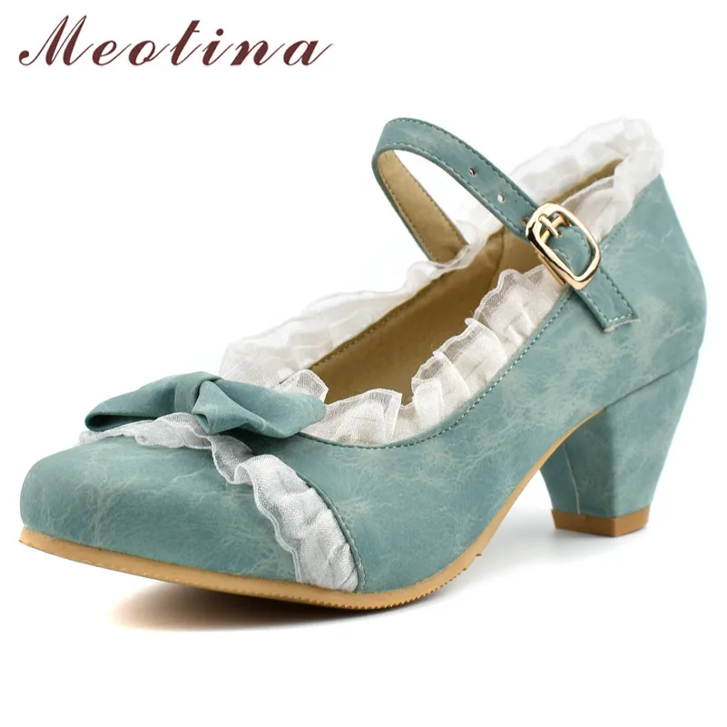 

Meotina High Heels Women Pumps Sweet Bow Spike High Heels Mary Janes Shoes Buckle Round Toe Lolita Shoes Lady Red Big Size 34-46