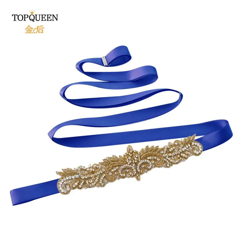 TOPQUEEN S375-G горный хрусталь Женский поясной ремень из бисера Индийские ремни индийские кружевные свадебные ленты Золотой свадебный пояс-лента модный пояс - Цвет: royal blue