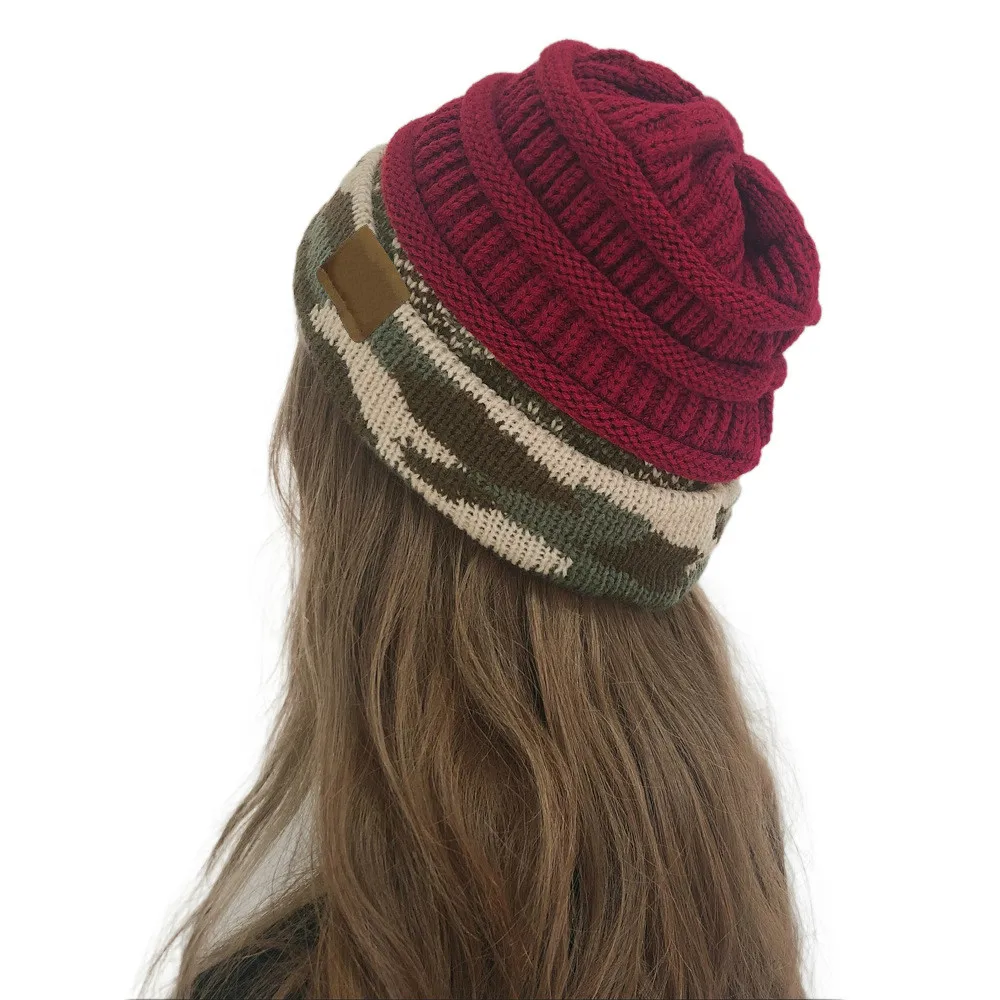 New Fashion Woman Winter Warm Hat Knit Thick Camouflage Stitching Hat Cashmere Beanies Unisex Accessories Cap