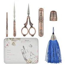 

6Pcs Sewing Tool Set Vintage Scissors Needle Bottle Thimble Sewing Kits For Needlework With Storage Box