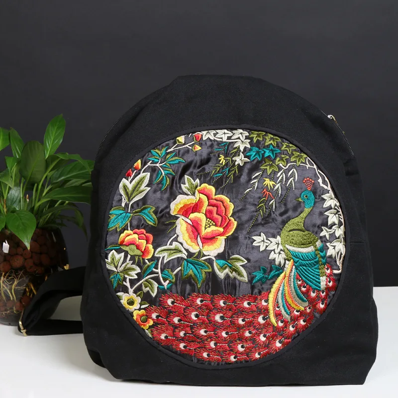 Women's Embroidery Backpack Peacock Embroidered cloth Shoulder Bag Girls Travel Beach School Rucksack