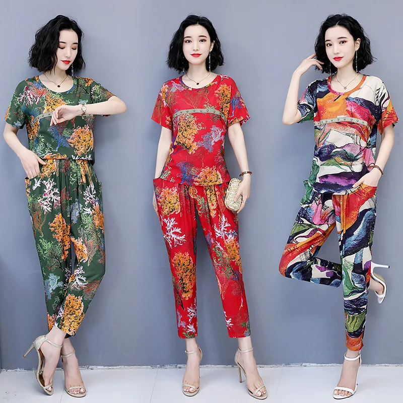 

2019 Summer Short-sleeved Fashion Korean-style Fresh And Sweet Printed City Casual Loose-Fit Two-Piece Set/Suit Skirt