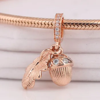 

Authentic 925 Sterling Silver Rose Acorn & Leaf With Crystal Pendant Charm fit Lady Bracelet Bangle DIY Jewelry