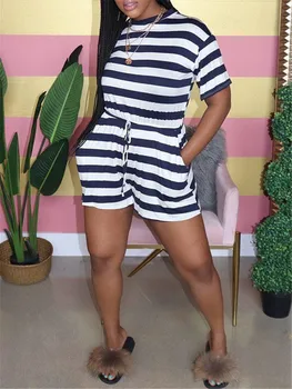 

Short Sleeve Striped Playsuit Rompers Jumpsuit 2020 New Women Lace-up High Waist Causal Loose Playsuit Shorts O-neck Summer Tops