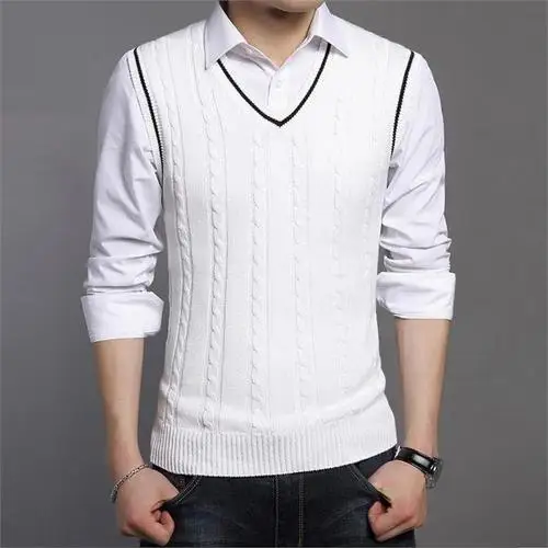 OLOEY повседневные мужские пуловеры без рукавов свитера мужские slim fit v-образный вырез теплый свитер жилет мужской slim fit вязаный жилет вязание - Цвет: F70-W-O88
