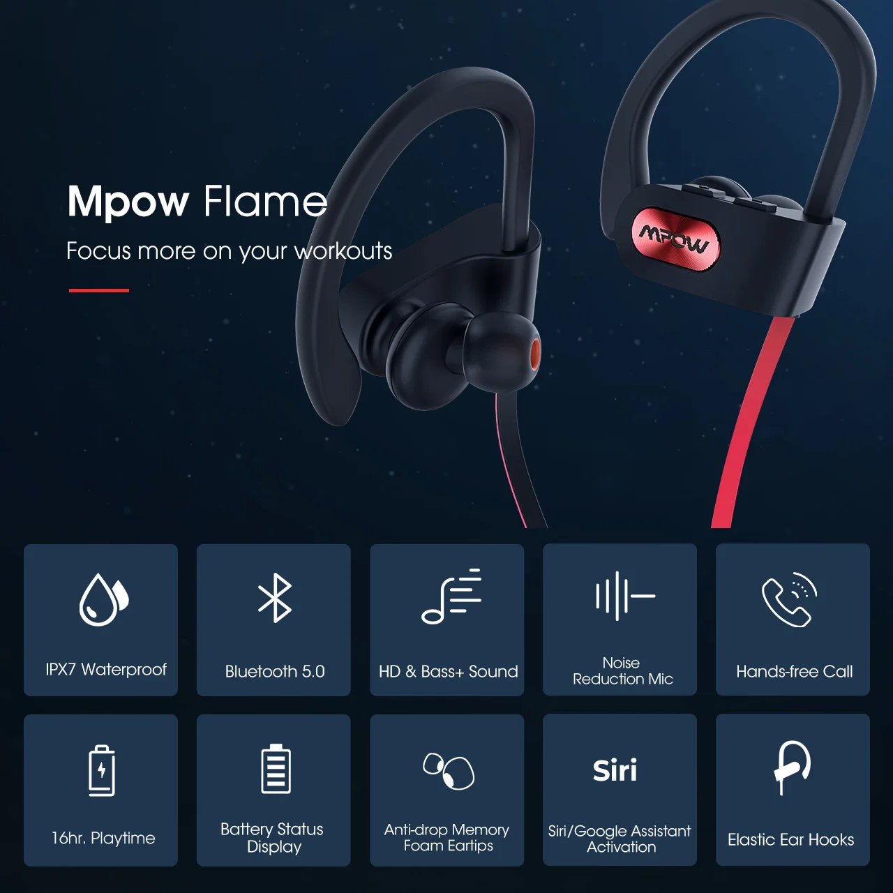 Mpow Flame IPX7 Waterproof Bluetooth Headphones V5.0 Earphone with CVC6.0 Noise Canceling Mic HiFi Stereo Wireless Sport Earbuds