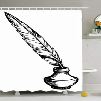 

Shower Curtain Set with Hooks 66x72 Draw Script Goose White Quill Feather Elegant Artistic Oldfashioned Inkpot Black Vintage