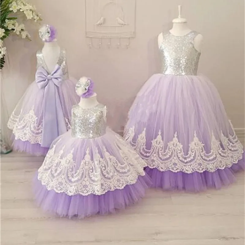 baby-67Lilac tulle open back flower girl dresses with white lace and bow silver sequins kid tutu dress baby girls birthday party gown