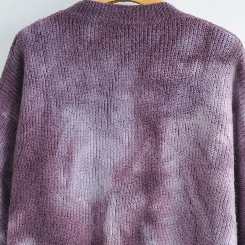cropped cardigan KPYTOMOA Women Fashion Tie-dye Print Loose Knit Sweater Vintage O Neck Long Sleeve Female Pullovers Chic Tops brown sweater