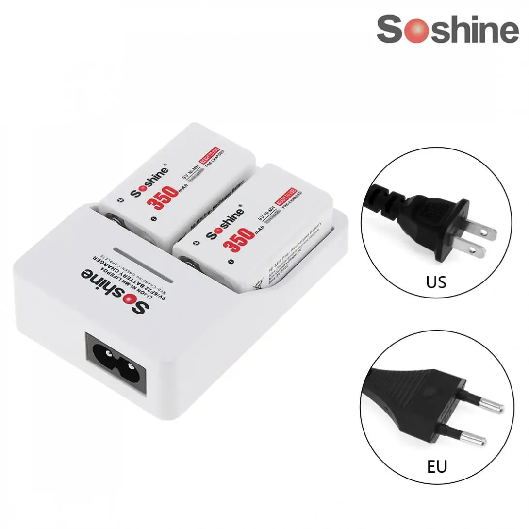 2pcs Soshine 9V 6F22 Battery 350mAh Ni-MH NiMH Rechargeable + Smart Intelligent Charger with LED Indicator | Электроника