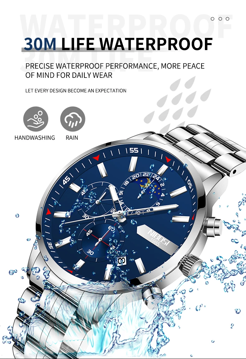 2021 New NIBOSI Brand Fashion Watch For Men Quartz Sports Stainless Steel Waterproof Chronograph Mens Watches Relogio Masculino