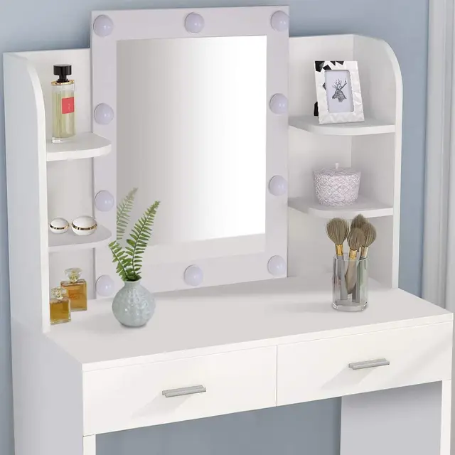 Tavolo Toeletta Con Luci LED Hollywood - Specchio, Sgabello E 7 Cassetti, Legno Moderno 100x40x140 Cm - Foto 12