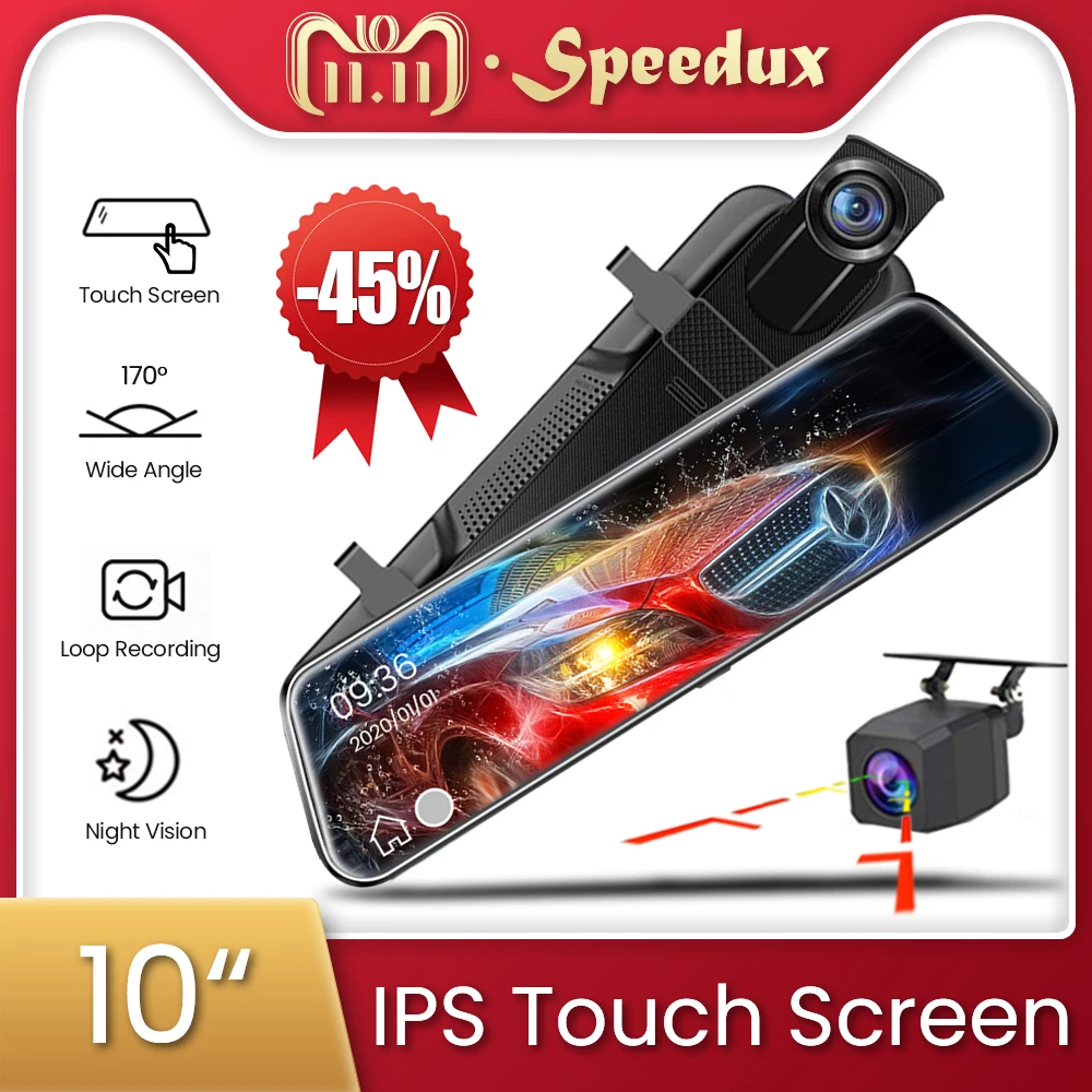 

10 Inch Dash Cam Car DVR 1080P Touch Screen Stream Media Dash Camera Dual Lens Video Recorder Rearview Mirror FHD Backup Camera