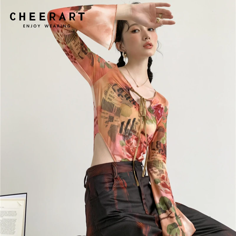 Боди CHEERART Cyber Y2k с принтом облегающий Топ длинным рукавом сексуальные костюмы