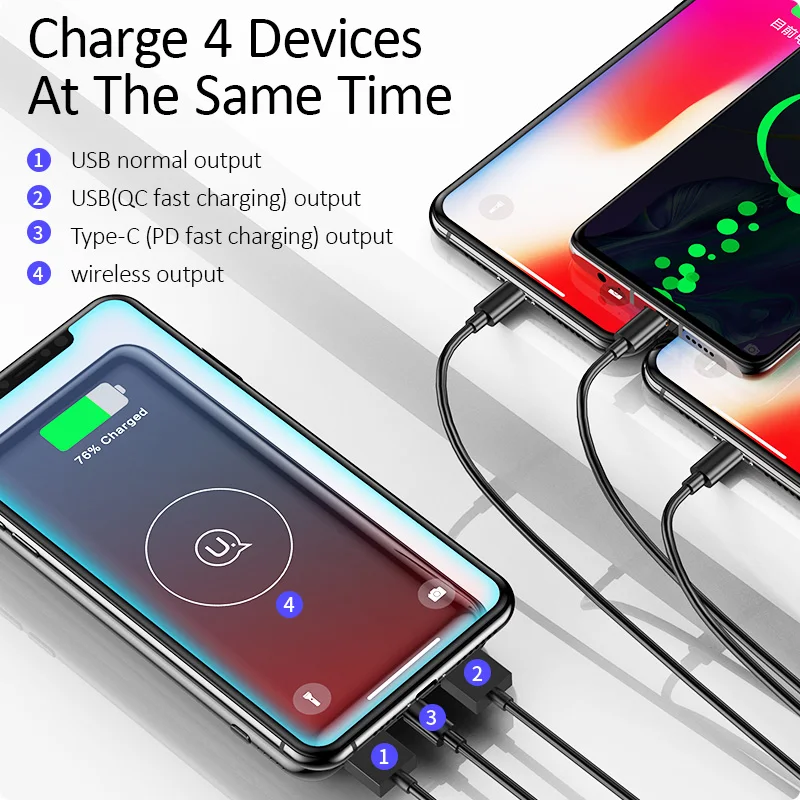  Qi Wireless Power bankUSAMS 10000mAh PowerBank fast charging QC 3.0 18W PD Portable External Batter