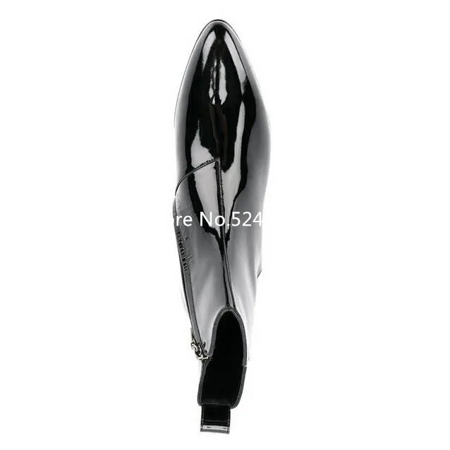 Черные мужские ботинки из лакированной кожи с острым носком и боковой молнией; Европейская мода года; мужские ботинки челси до середины икры