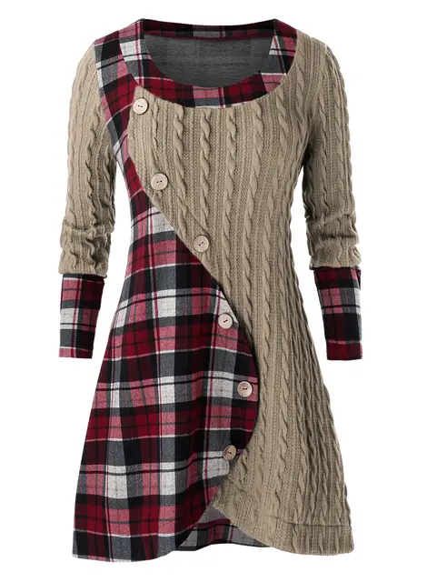 Plaid Splicing Crew Neck Sweater Button 