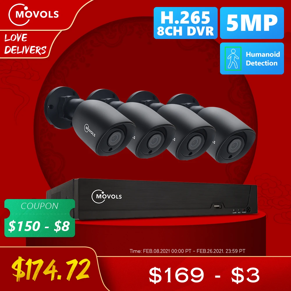 Movols 5MP AI Video Surveillance System 8CH H.265+ DVR 4PCS 2592*1944 HD Security Camera Kit Indoor/ Outdoor IR-cut CCTV System