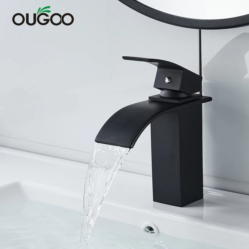 

OG Black Basin Sink Faucet Waterfall Outlet Vanity Hot Cold Mixer Tap Deck Mount One Handle Wash Faucets