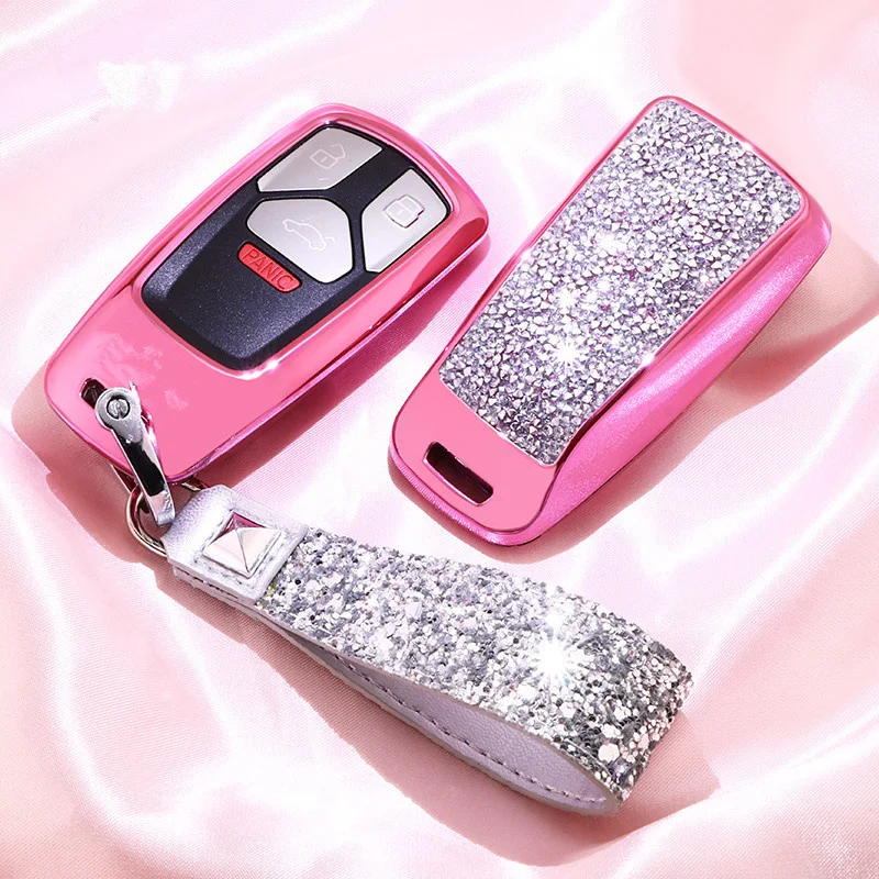 Diamond Car Key Cover Case For AUDI A4 B9 Q5 Q7 TT TTS 8S 2016 2017 Chain Keyring for Girls Women Gifts Artificial crystal | Автомобили и