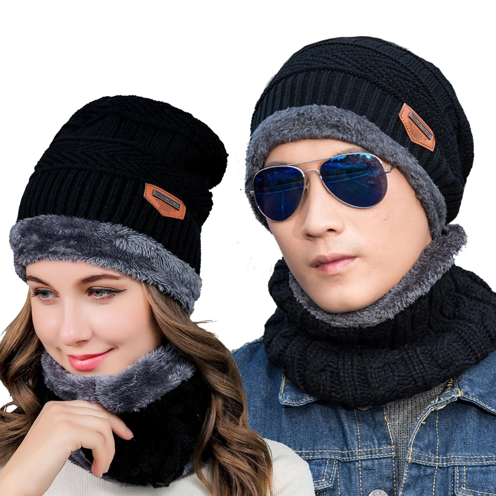 

Winter Beanie Hats Scarf Set Warm Leather Winter Hat for Women Men Warm Breathable Wool Knitted Hat Velvet Thickening Caps