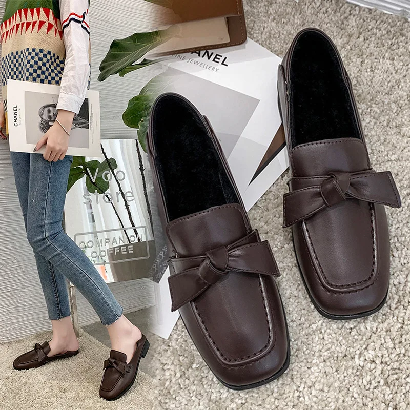 

Soft British Style Retro Woman Shoes 2019 Fashion Women's Oxfords Bow-Knot Autumn Round Toe Loafers With Fur Casual Female