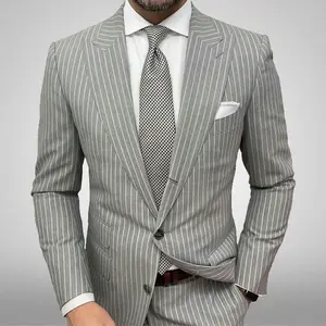 Chaqueta de rayas grises con bolsillos para hombre, esmoquin de una pieza, traje de boda sencillo para novio, chaqueta de negocios a la moda