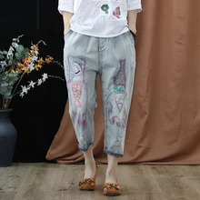 Высококачественные джинсы с эластичной резинкой на талии; сезон весна-осень; женские свободные повседневные шаровары; винтажные джинсы с вышивкой; D553