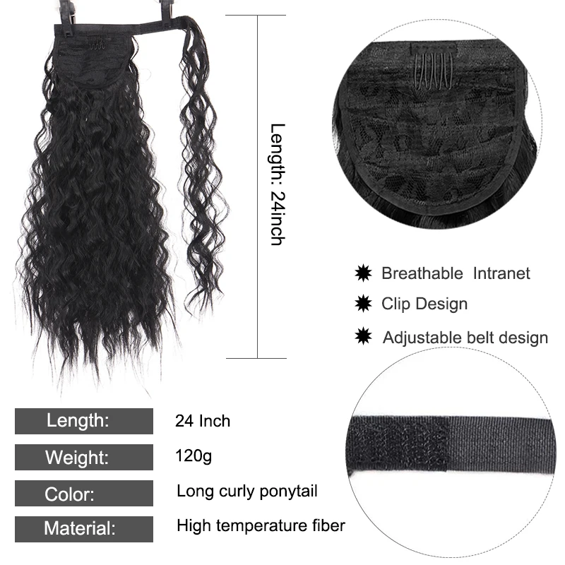 DIANQI Synthetic Corn Wavy Long Curly Ponytail Hairpiece Wrap on Clip Hair Extensions Black Pony Hair