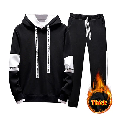 Black CC049 2 шт., толстовки, мужские, весна-осень, флисовая подкладка, толстовки с капюшоном+ спортивные штаны, Мужская брендовая уличная одежда, одноцветная, теплая, 2 шт., худи - Цвет: Black CC049