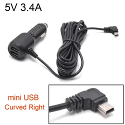 Compact Dual USB Car Charger with Extended 3.5m Cable - 5V 3.4A for Dash Cameras and GPS Devices, Input DC 8V - 36V (Mini Curved Right)