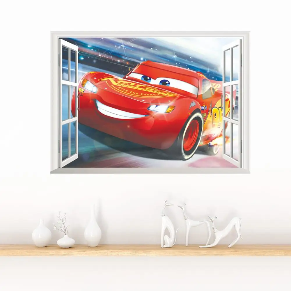 New Disney cartoon movie 3Dview Window Cars Lightning McQueen  wall sticker for kids room mural art Home decoration