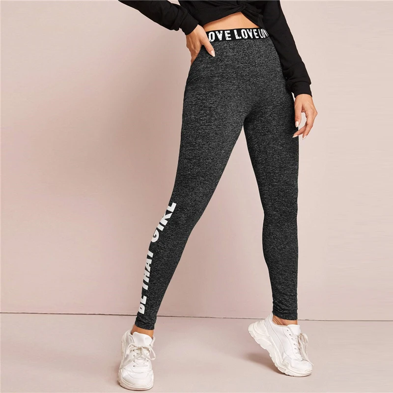 SHEIN, черные леггинсы с принтом в виде букв и графическим узором, женские штаны, Весенняя эластичная резинка на талии, одежда для активного отдыха, повседневные женские базовые брюки