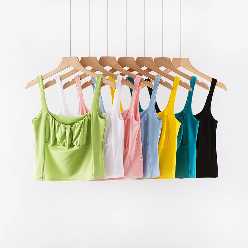 

BRADELY MICHELLE Fashion Sexy Women Crop Tops sleeveless short midriff-baiing fold solid camis