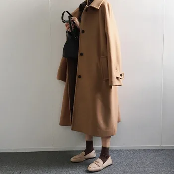 

Autumn and winter new simple and loose long sleeve mid length over knee wool coat solid Lapel thickened wool coat Button