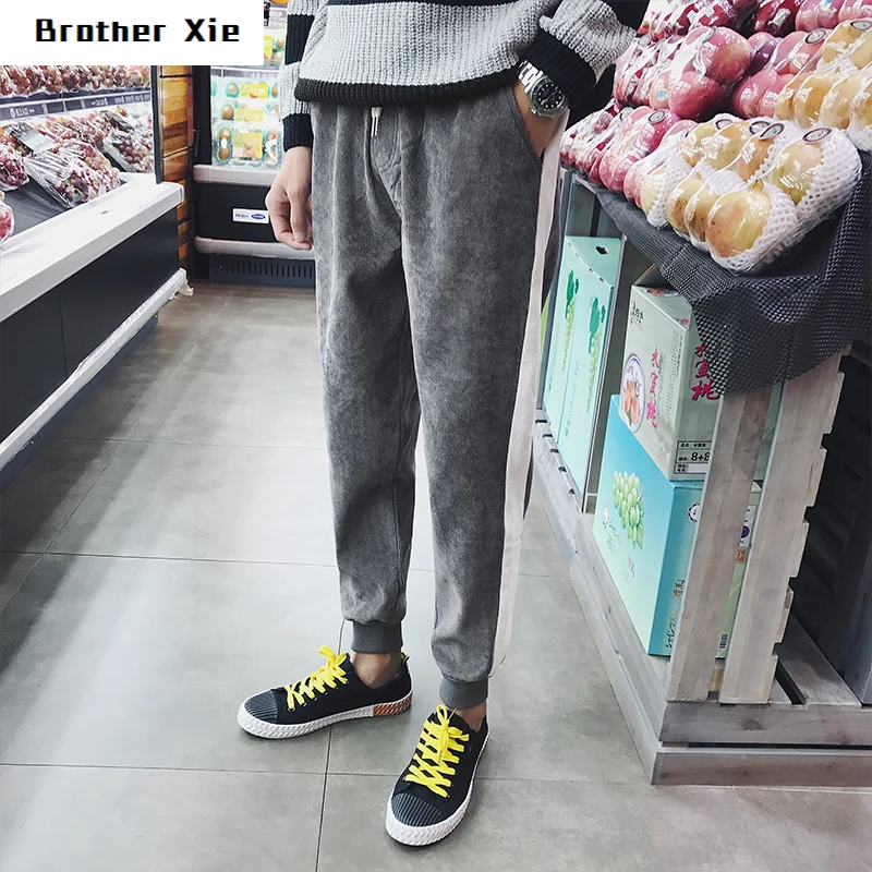 

Winter Plus Velvet Padded Pants Men Warm Fashion Contrast Color Casual Corduroy Pants Man Streetwear Wild Hip Hop Feet Pants