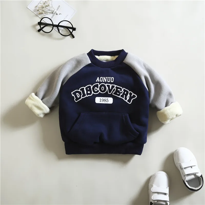 D NAVY Boys T shirts Kids Sweatshirt Pattern Tops Autumn Winter Hoodie Baby Boy Clothes Children Hoodies thicken warm Boys Clothing - Цвет: D NAVY