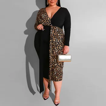 

Women 5xl Plus Size Long Dress Spring Elegant Long Sleeve V Neck Leoperd Patchwork Maxi Dress Ladies Sashes Bodycon Dresses Robe