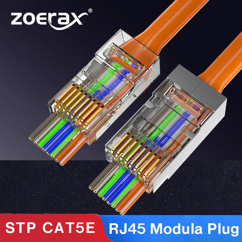 Zoerax 100 pces rj45 cat5 cat5e conectores passagem final através de ouro chapeado 8p8c utp/stp ethernet rede plug