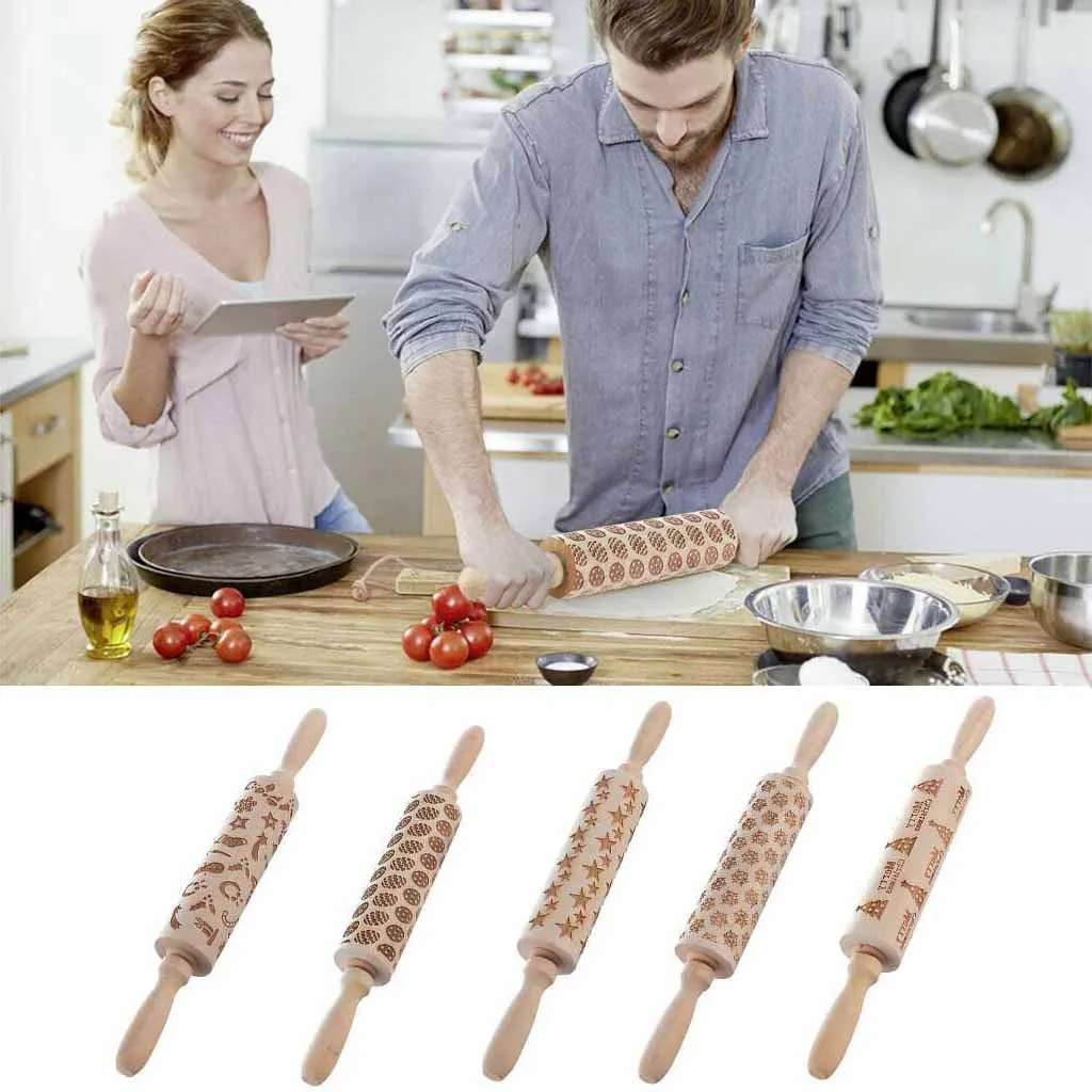 Рождественская скалка для выпечки торта печенья Узорчатая Скалка Выгравированная резная деревянная рельефная скалка для кухни N8