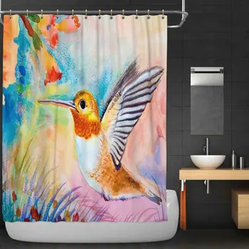 

Landscape Painting on Paper Colorful of Hummingbird Shower Curtain,055228 Bathroom Decor Set with Hooks,72''W x 72''H