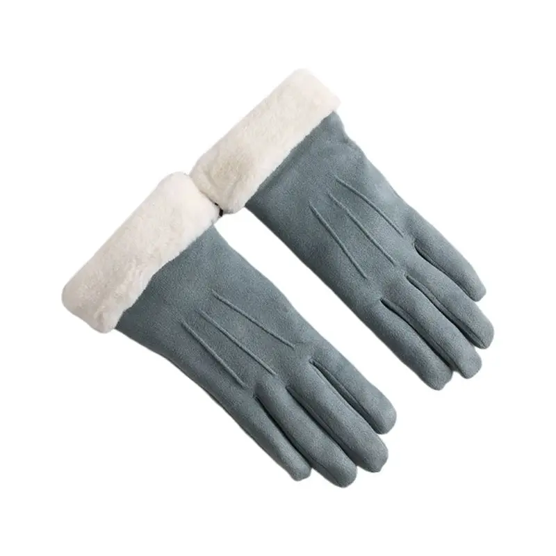LB Women Girls Autumn Winter Touchscreen Gloves Solid Color Plush Cuff Thermal Thick Lining Suede Mittens Driving Ski Wrist Warmer - Цвет: LB