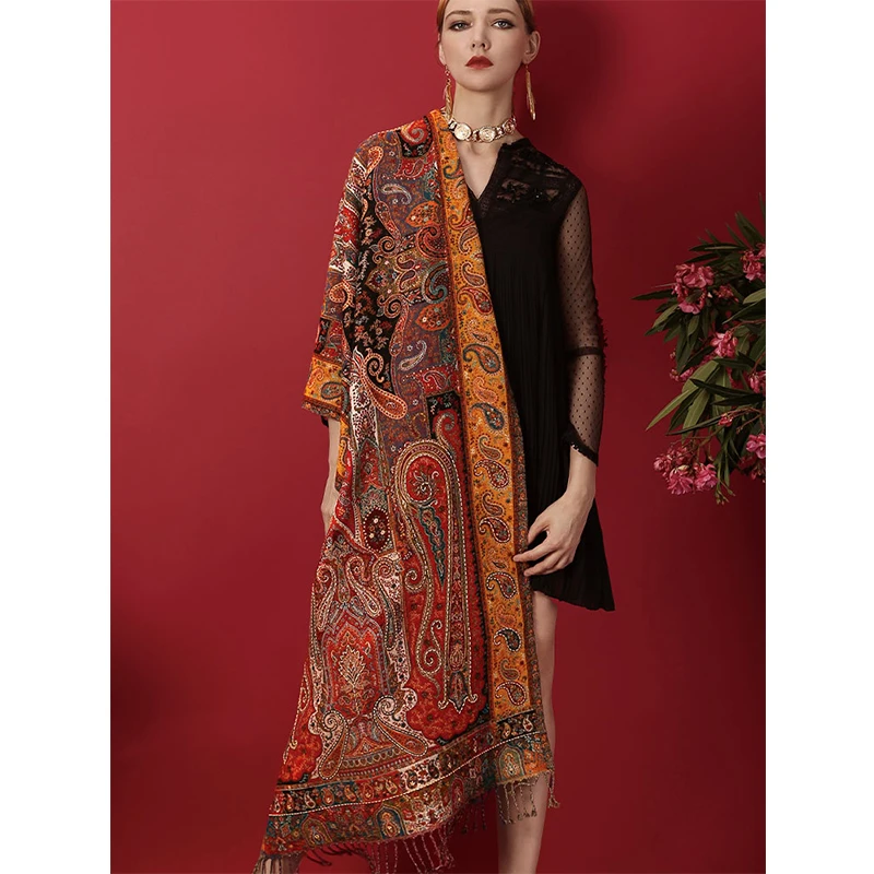 100% Merino Boiled wool Scarf Women thickened warm big red phoenix flower ethnic scarf shawl Indian handmade beading |