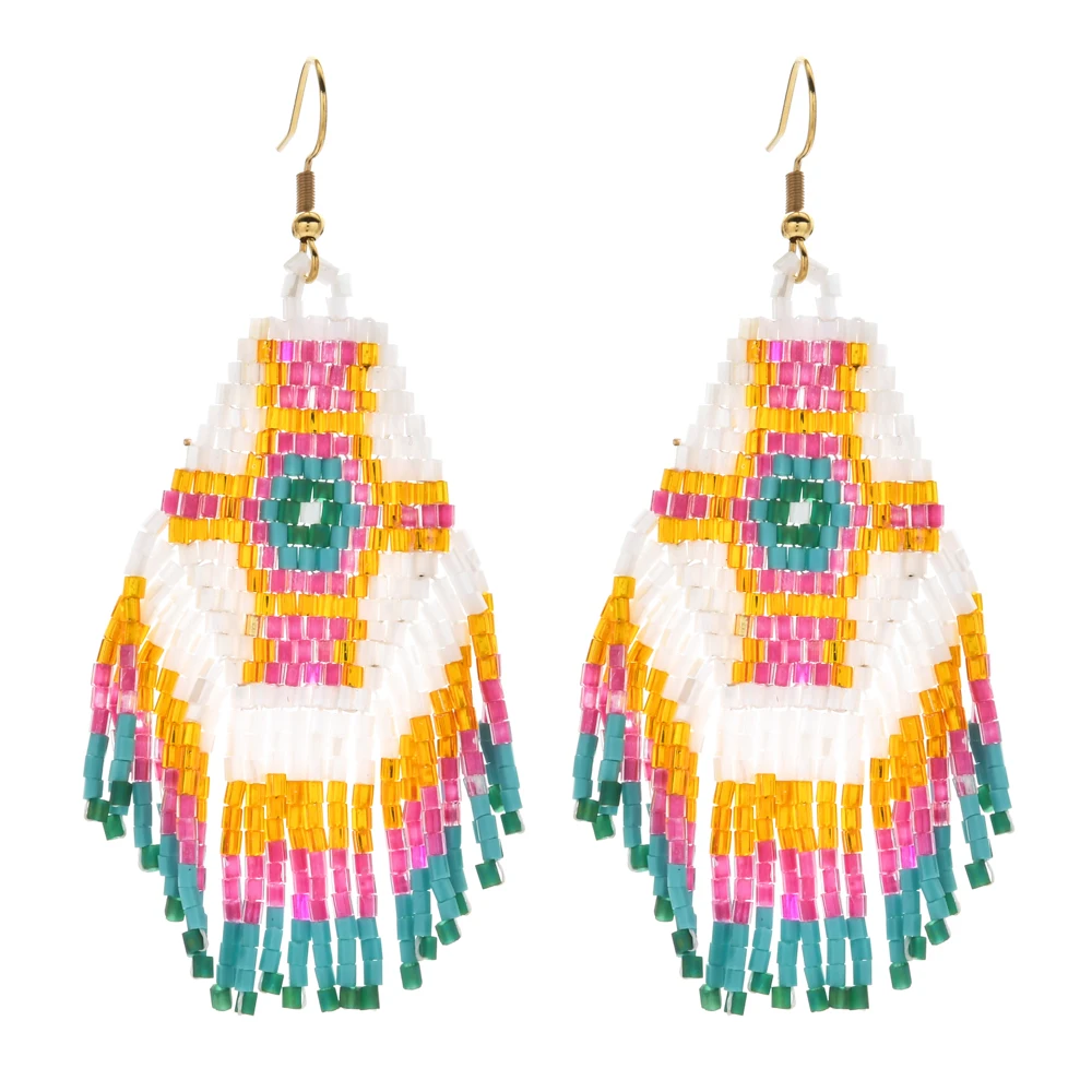 Miyuki Damen-Ohrringe mit klassischen Quasten, neuer ethnischer Native-Stil, Perlenschmuck, Geschenk, Quasten-Ohrringe, geflochtene Perlen-Ohrringe