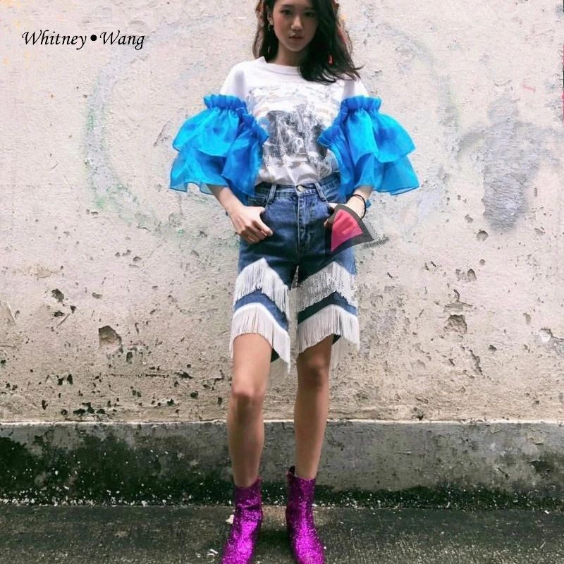 WHITNEY WANG весна лето мода уличная одежда слоистая кисточка Джинсы женские стильные до колена джинсовые брюки размера плюс 5XL